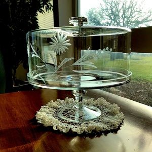 Elegant glass covered vintage etched pedestal cake plate